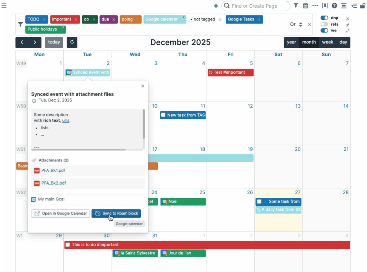 Full Calendar extension interface showing calendar view with events and tasks